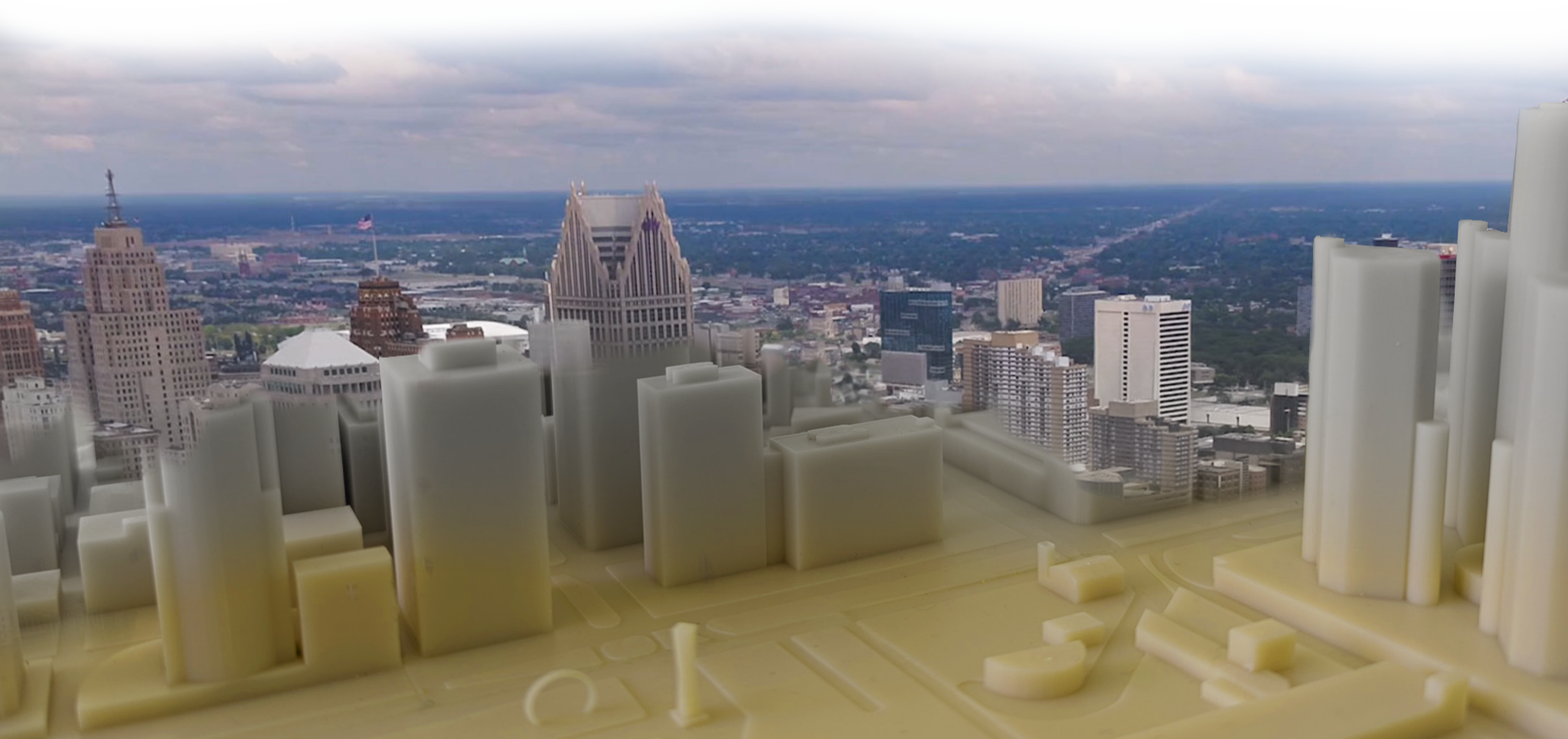 Model of a cityscape with tall buildings on a table